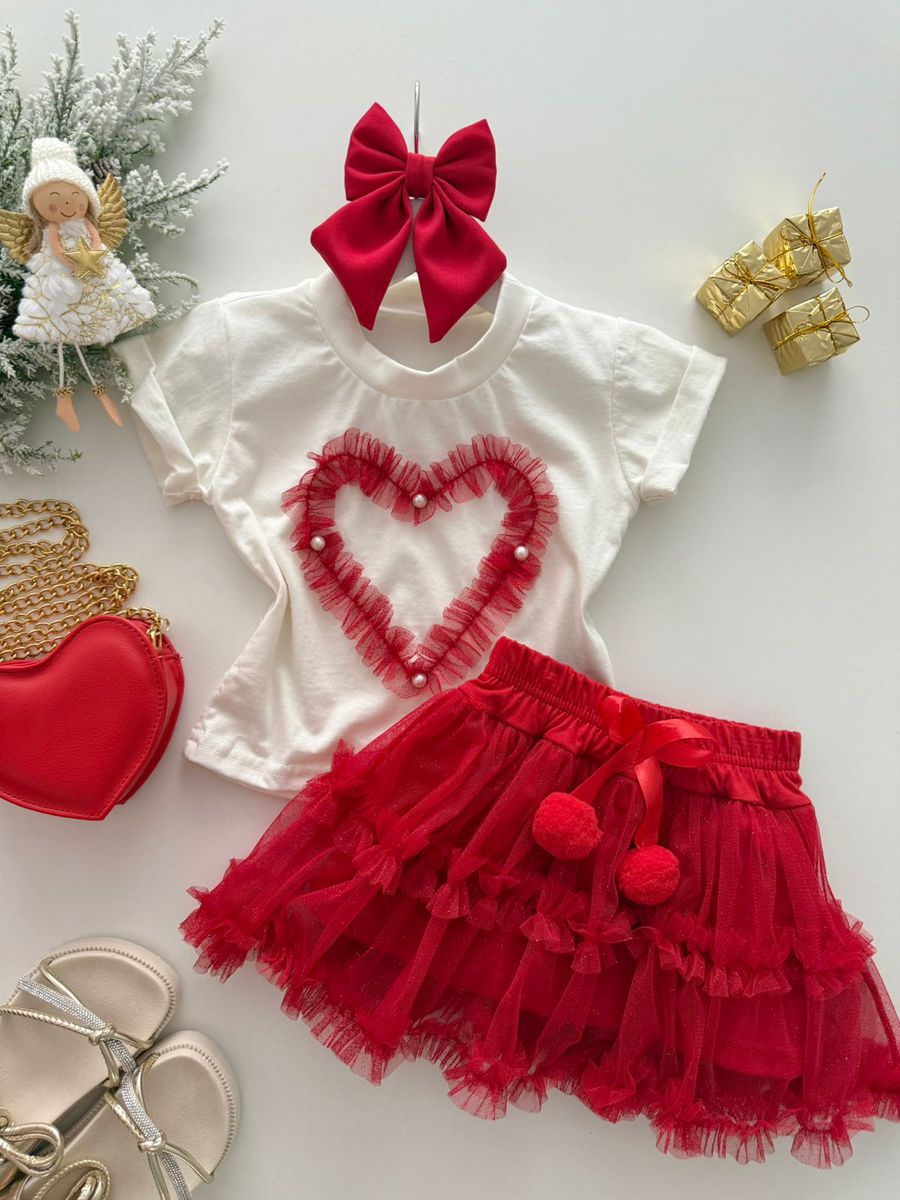 CONJUNTO TULE CORAÇÃO VERMELHO
