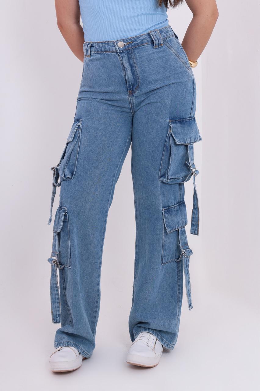 CALÇA WIDLEG BOLSO CARGO JEANS-  (Ref: 141)