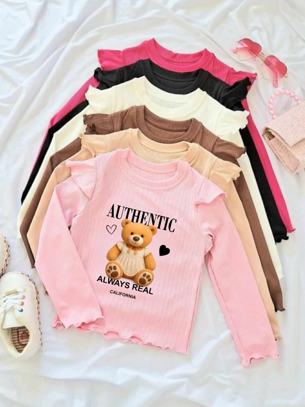 Blusa rosa manga longa infantil com estampa de ursinho super delicada 🧸