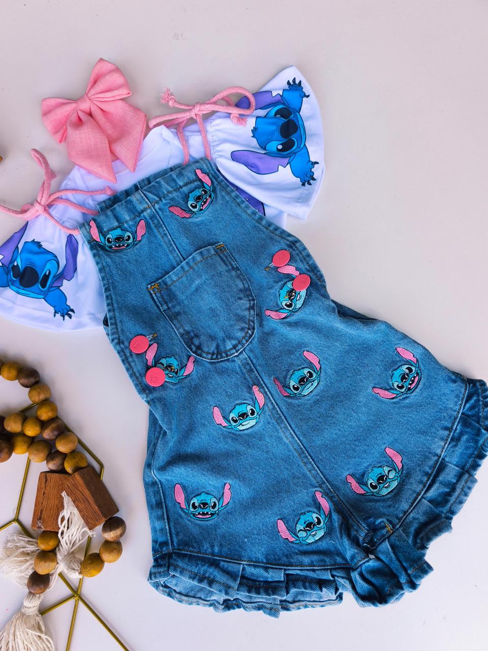 Macaquito jeans babadinhos lacinhos rosa