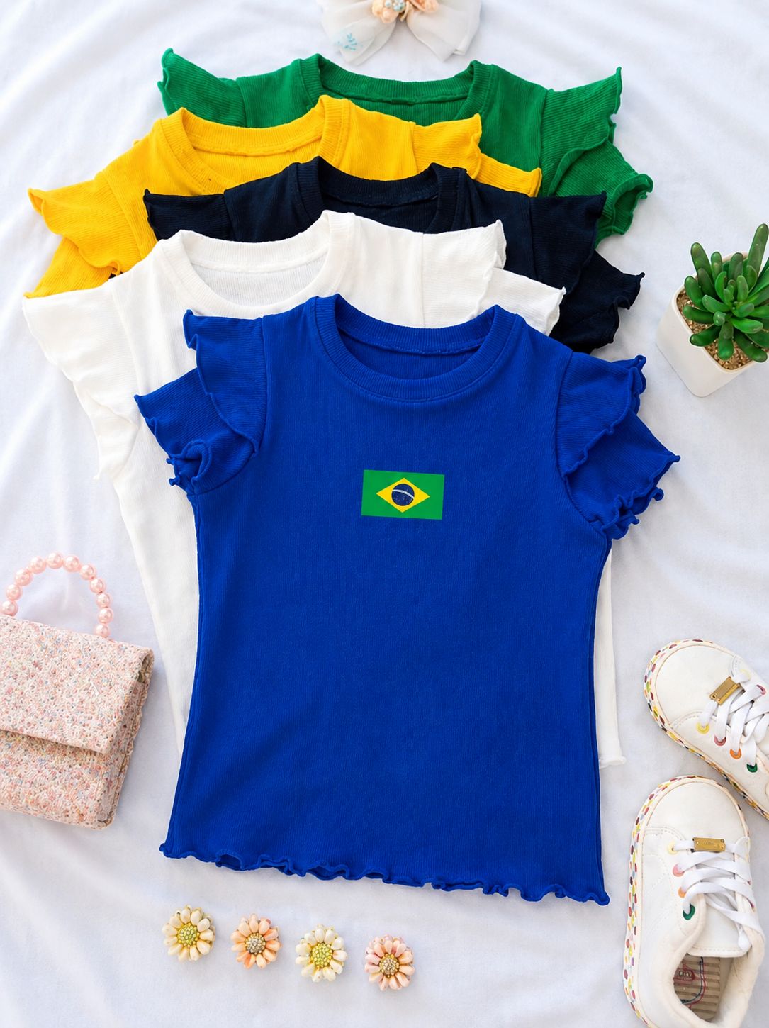T-SHIRT azul MANGA DUPLA BRASIL BANDEIRA AZUL