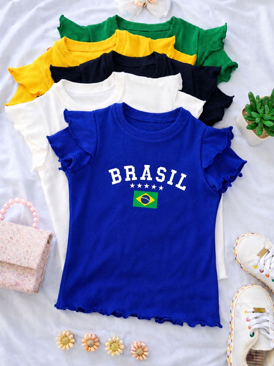 TSHIRT azul MANGA DUPLA BRASIL FRASE AZUL