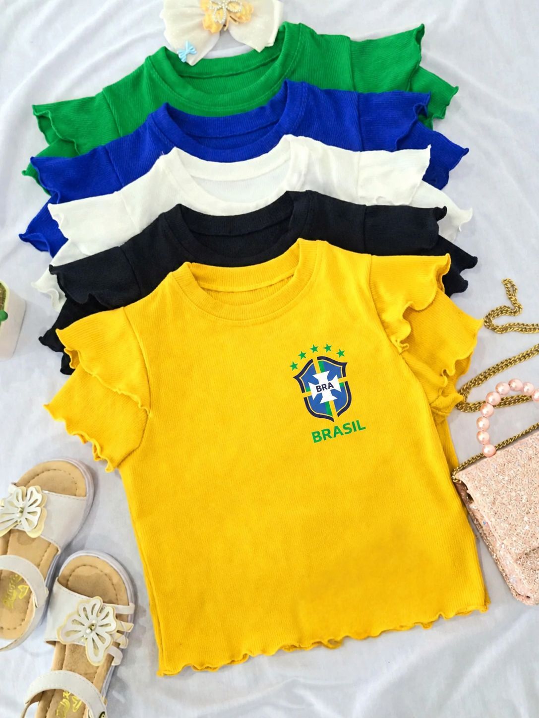 CROPED amarelo MANGA DUPLA COM DTF BRASIL ESCUDO