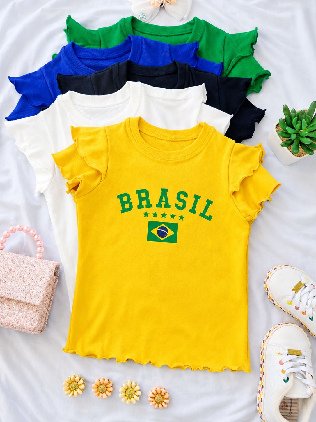 TSHIRT amarela MANGA DUPLA BRASIL FRASE AMARELA