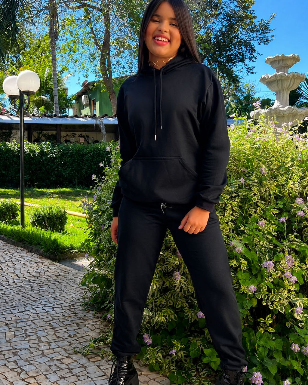 Conjunto preto Moletom Juvenil Flanelado