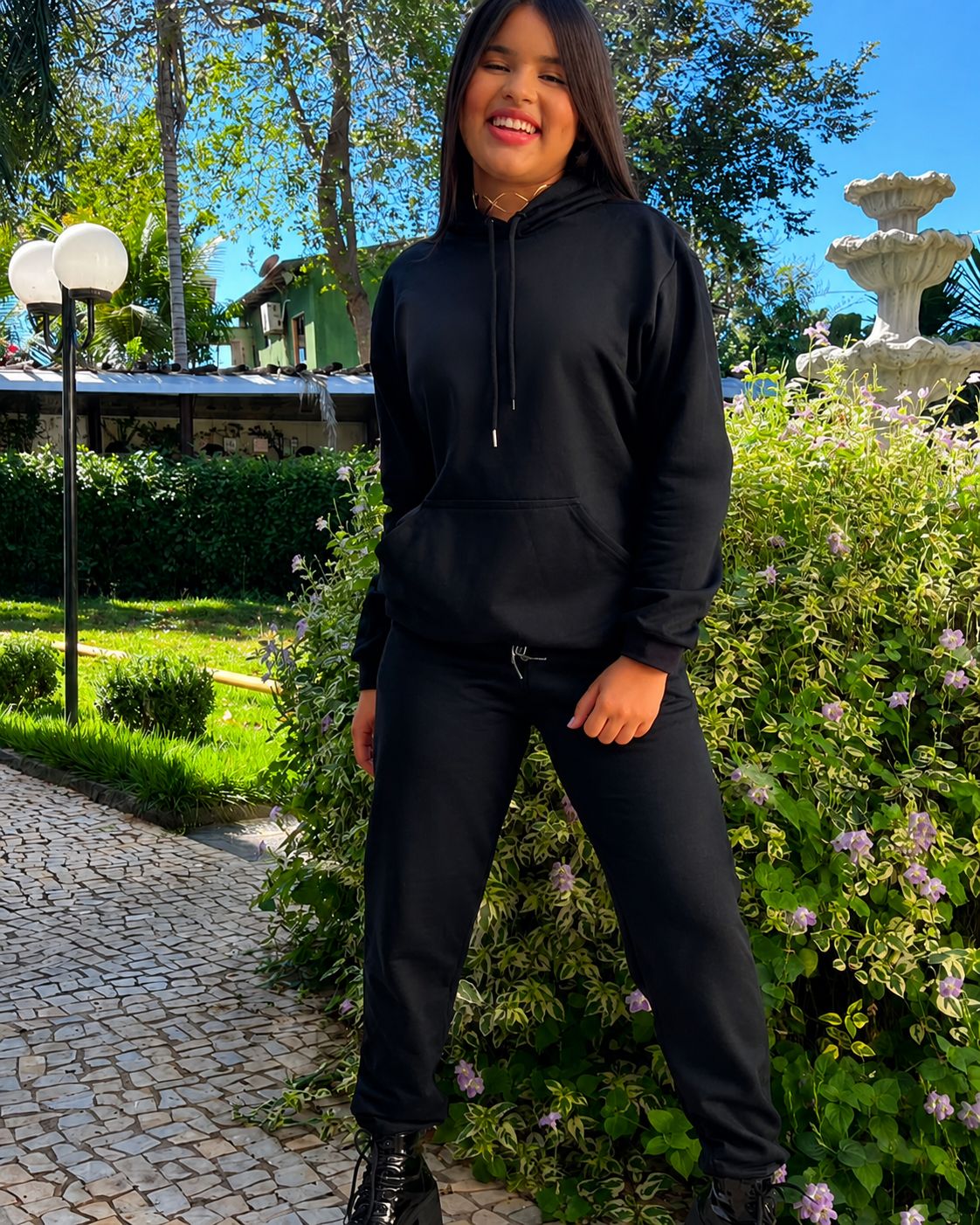 Conjunto preto Moletom Juvenil Flanelado