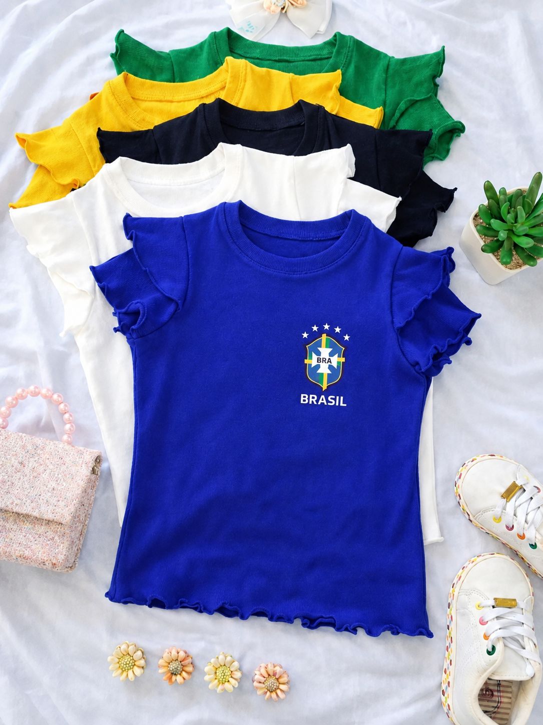 TSHIRT AZUL MANGA DUPLA EM DTF BRASIL ESCUDO
