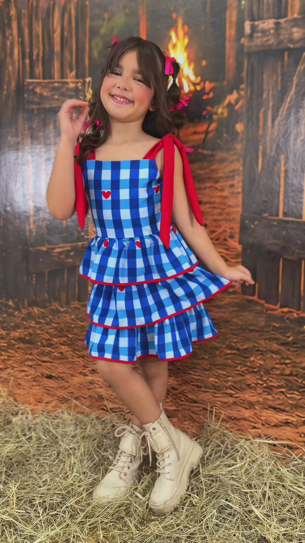 VESTIDO TRES BABADOS XADREZ AZUL