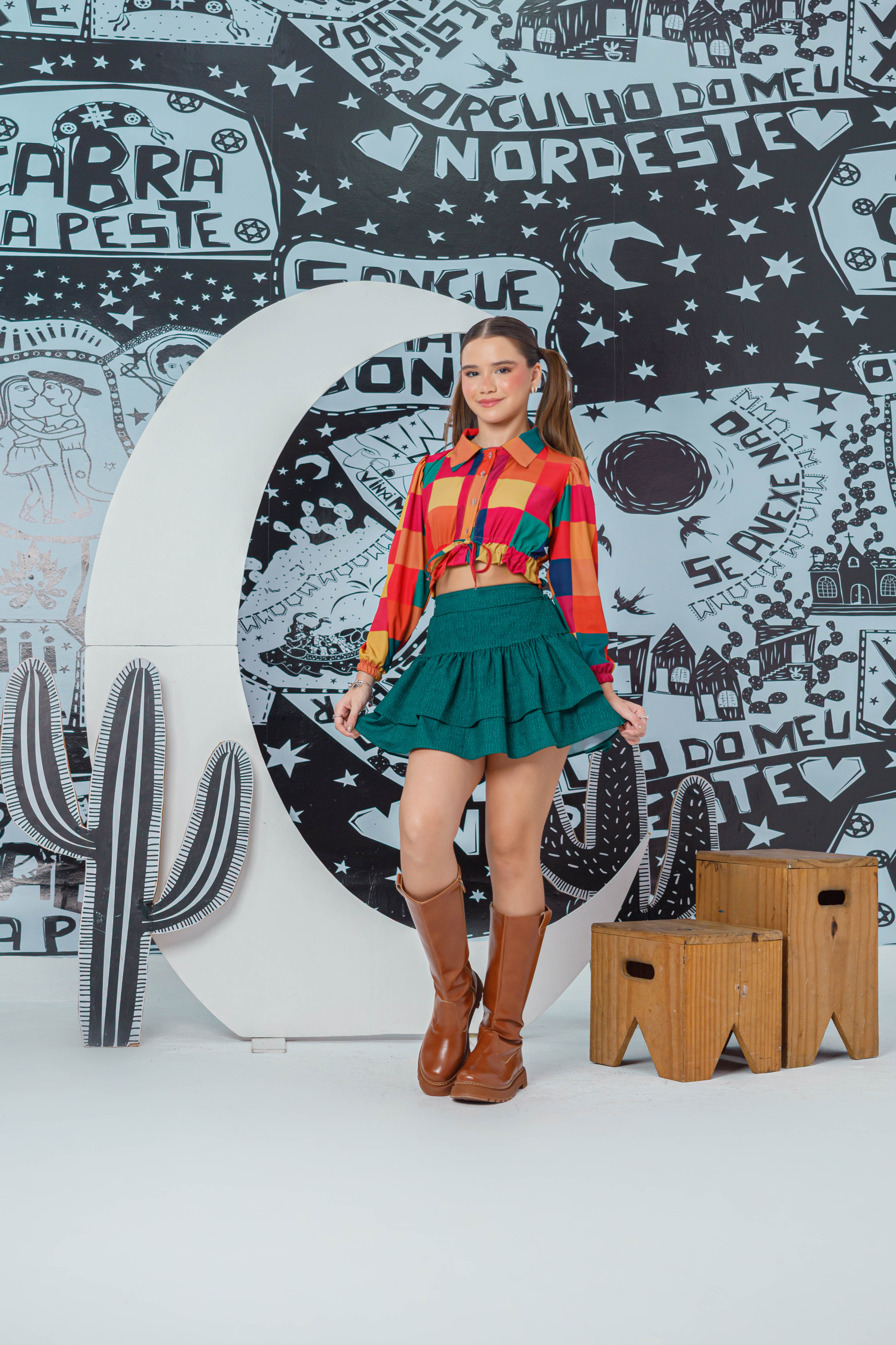 Conjunto xadrez mariah - saia com short